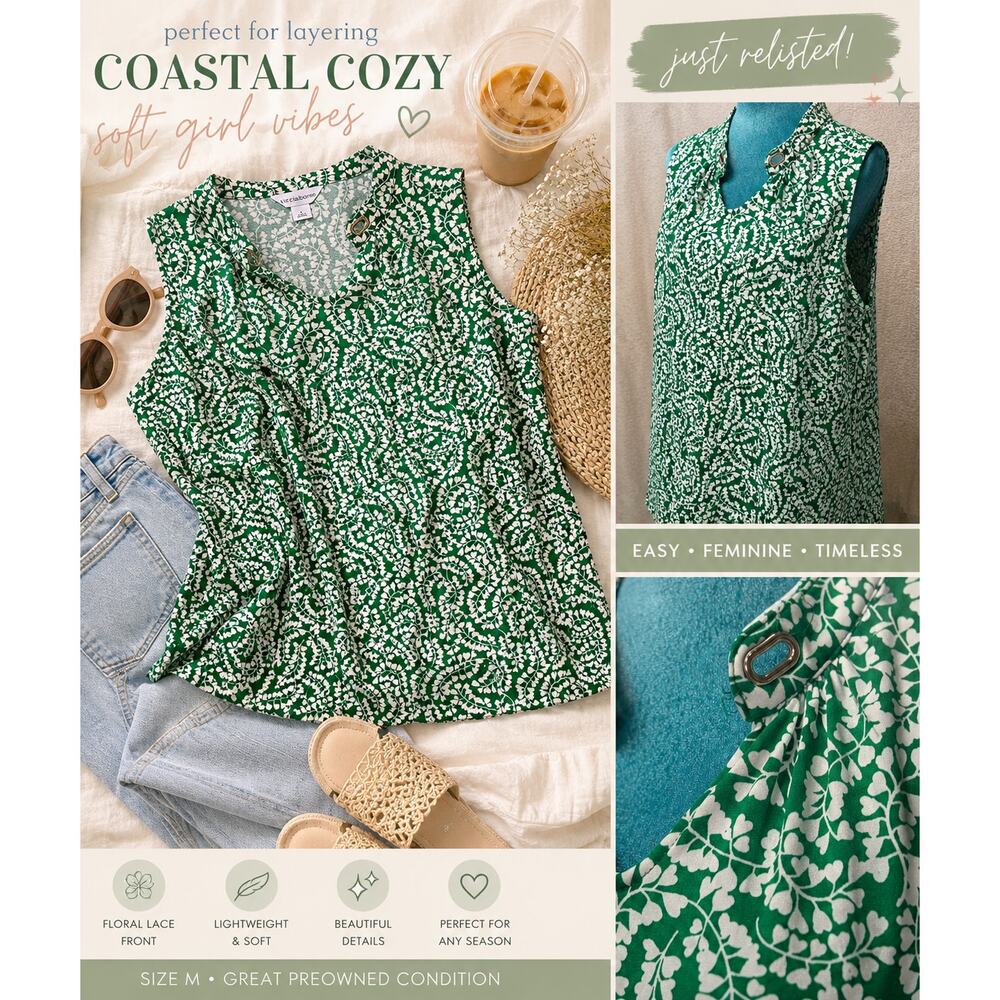 Liz Claiborne Green White Floral Sleeveless Blouse Top Size Large
